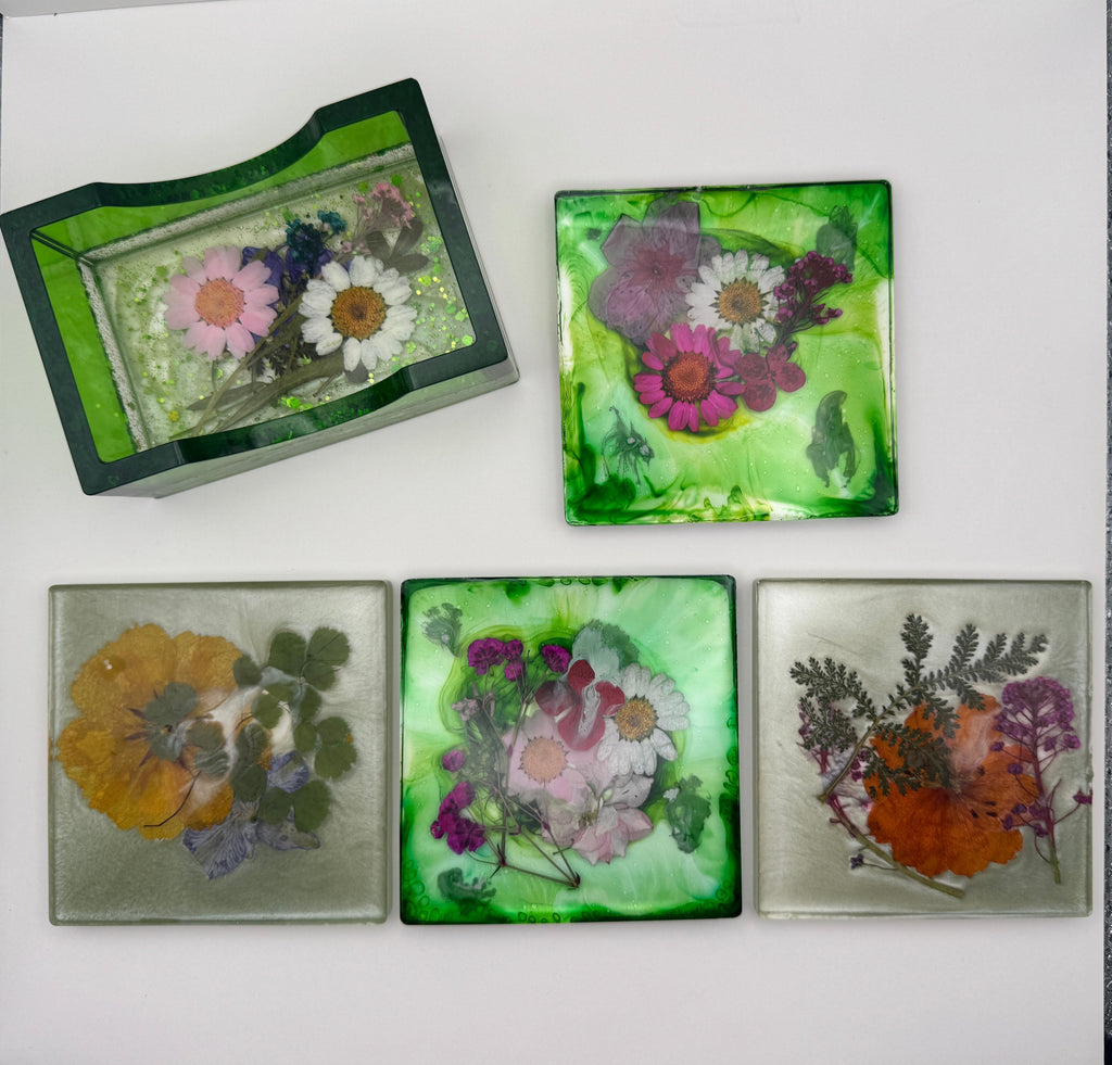 Flower Garden Resin Coaster Set with Holder – Set of 4
