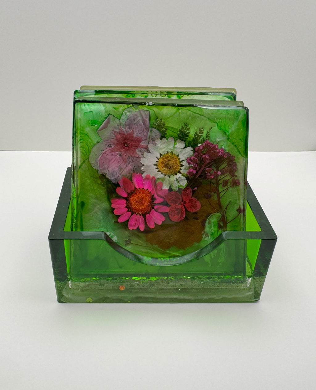 Flower Garden Resin Coaster Set with Holder – Set of 4