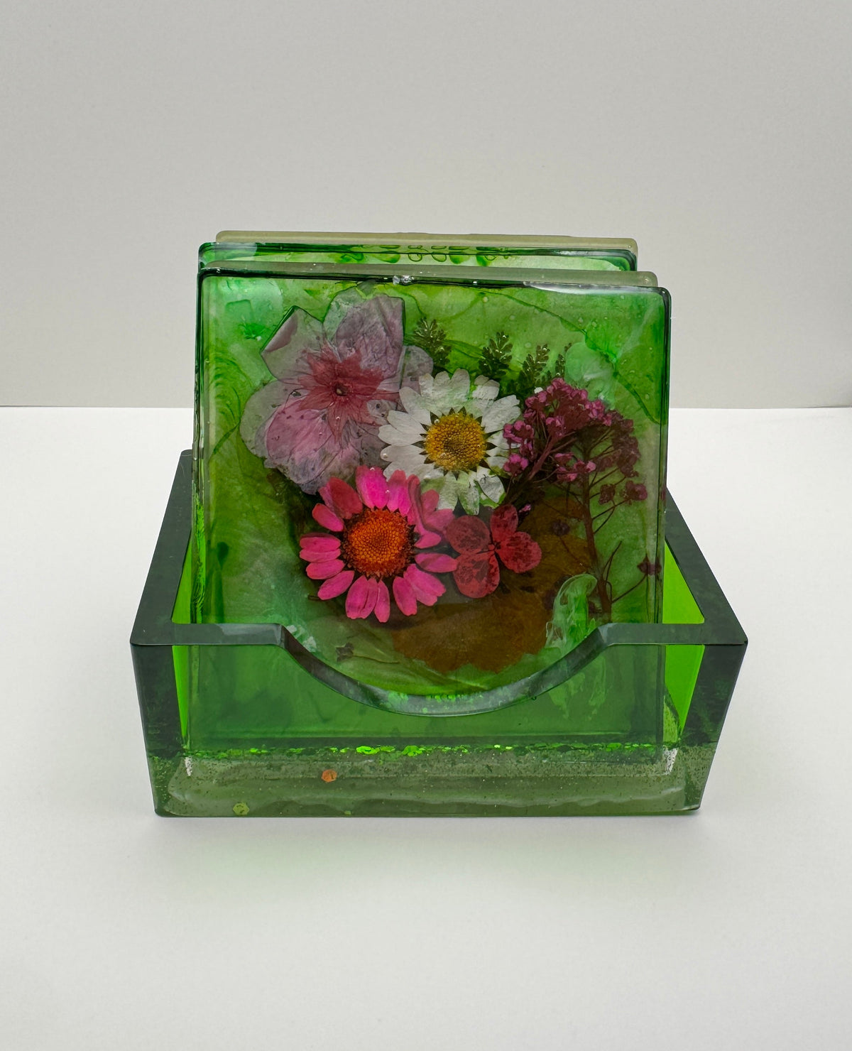 Flower Garden Resin Coaster Set with Holder – Set of 4