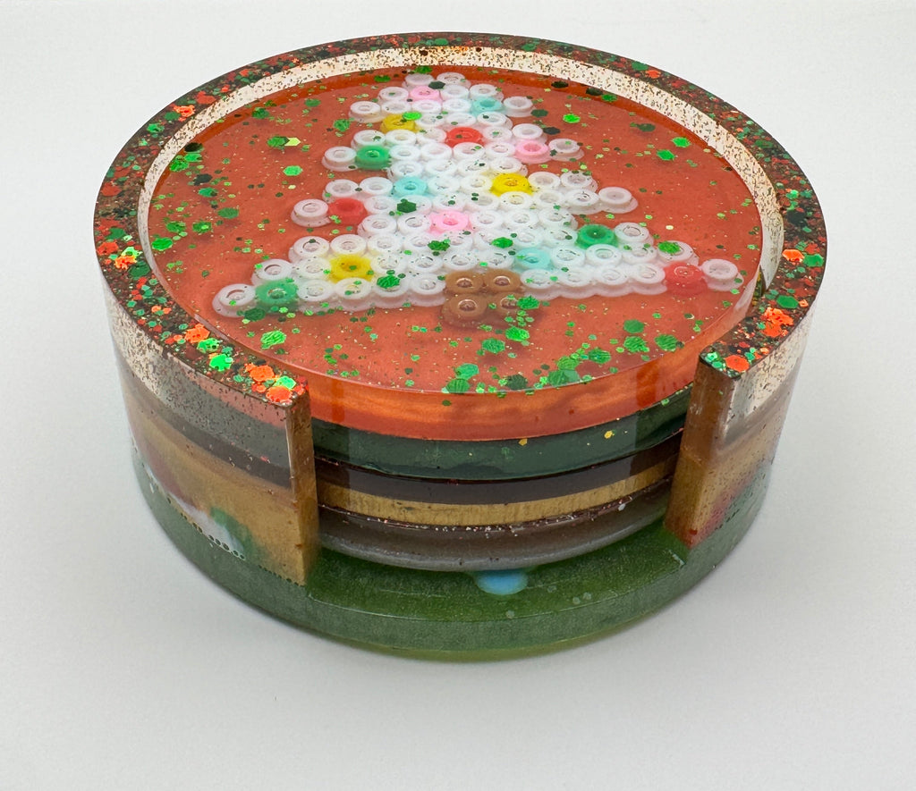 Christmas Resin Coaster Set with Holder – Set of 4