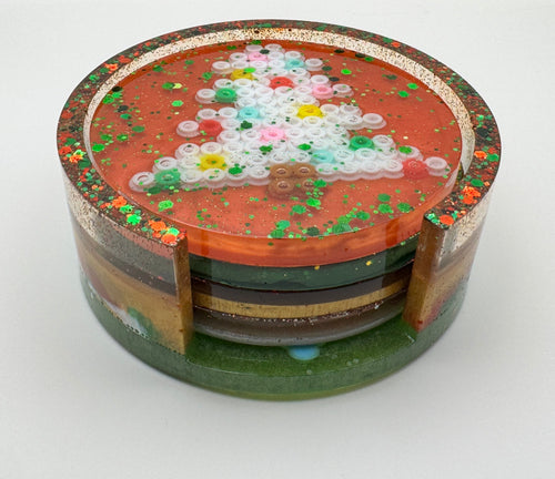 Christmas Resin Coaster Set with Holder – Set of 4