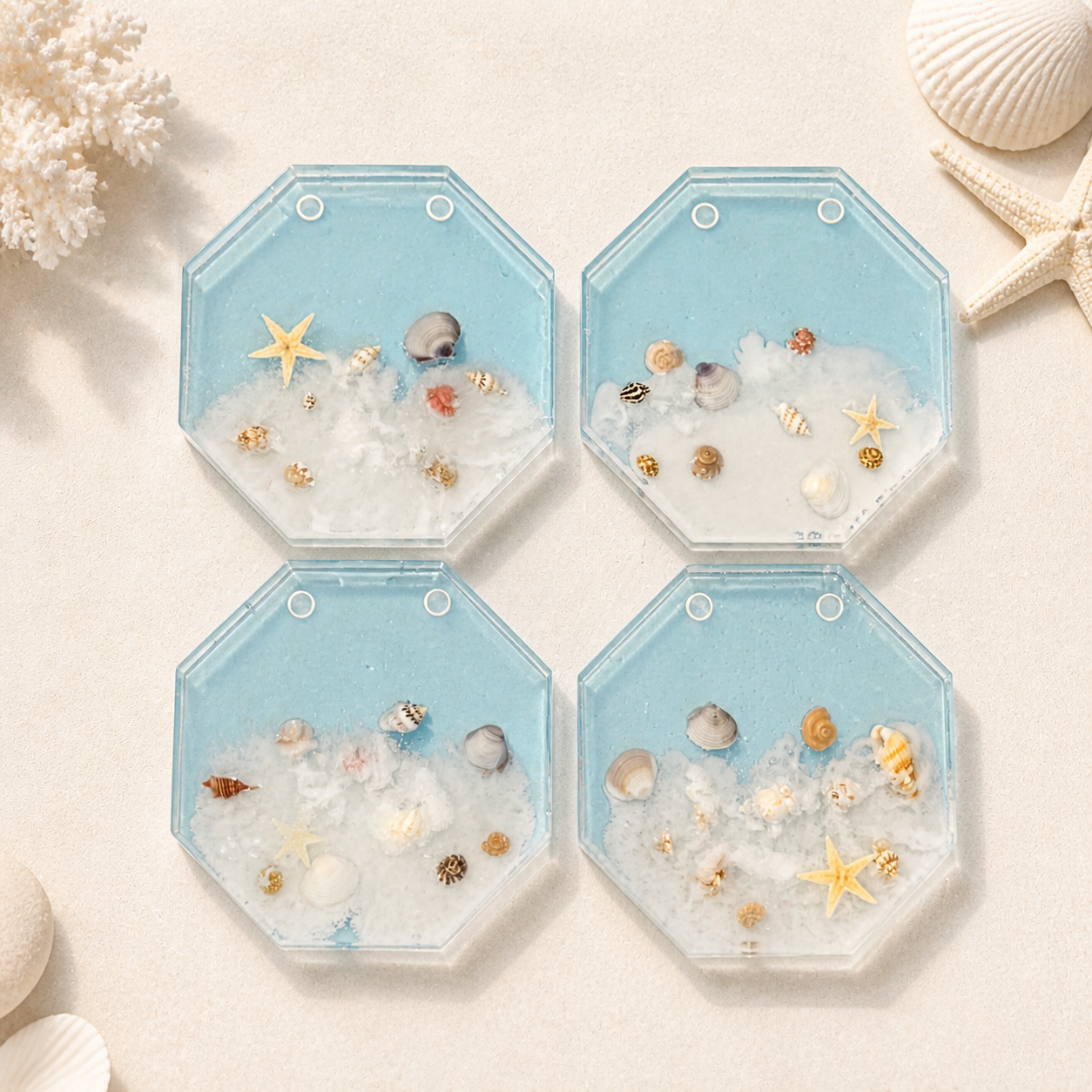 Ocean Beach Resin Coaster Set with Holder – Set of 4