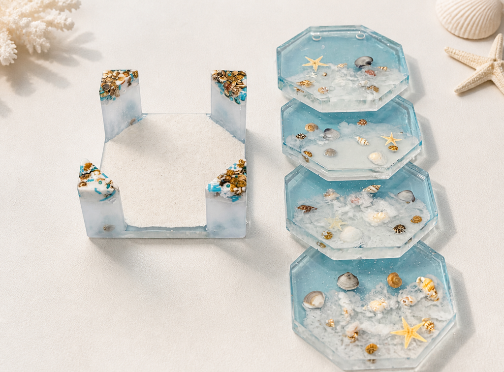 Ocean Beach Resin Coaster Set with Holder – Set of 4