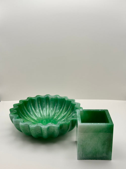 Emerald green resin bowl and cube vessel set, side view